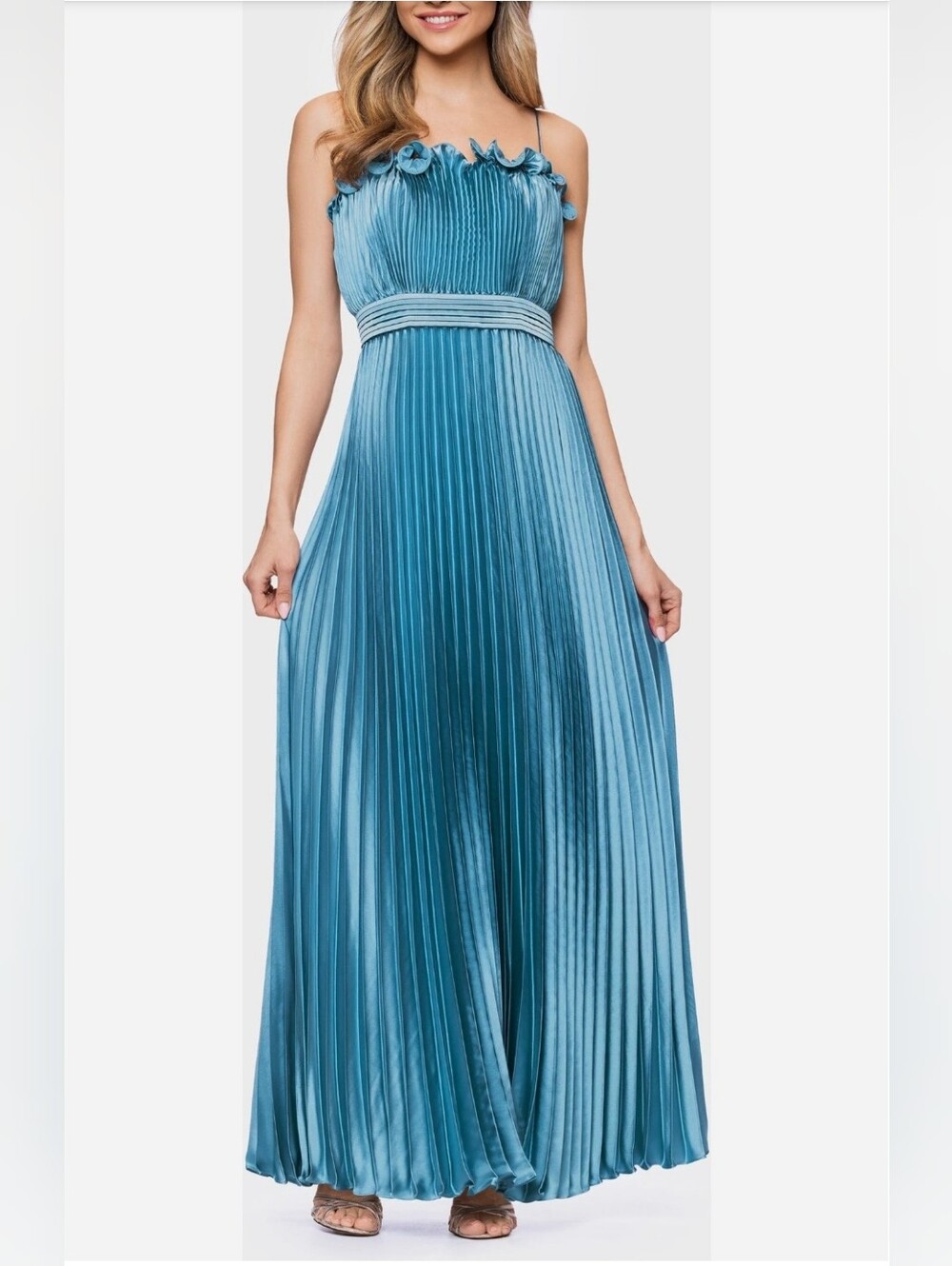 Betsy & Adam Teal Pleated Satin Maxi Dress with Ruffled Bodice